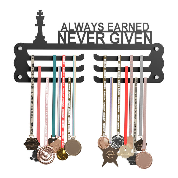 ALWAYS EARNED NEVER GIVEN Medal Hanger (Holds 60+ Medals - 48 * 30 CM) | Premium Steel | Matte Black Finish