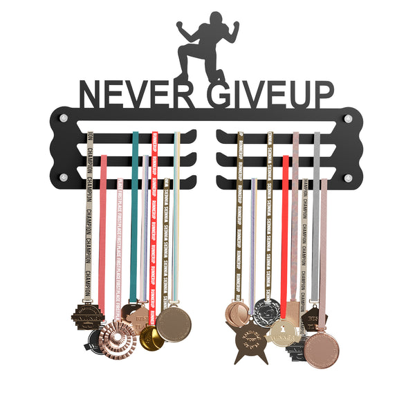 NEVER GIVEUP Medal Hanger (Holds 60+ Medals - 48 * 30 CM) | Premium Steel | Matte Black Finish